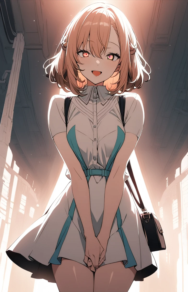 1girl, cheerful smile with open mouth, multicolored dress, white, red, pure fashion, v-arms, mini bag, station platform, masterpiece, best quality, very aesthetic, absurdres, high contrast kino_himari, (cowboy shot:1.5), break (masterpiece:1.2), highest quality, High resolution, unity 8k wallpaper, (shape:0.8), (fine and beautiful eyes:1.6), highly detailed face, perfect lighting, Very detailed CG, (perfect hands, perfect anatomy),dynamic pose, smile,perfect hands, beautiful fingers