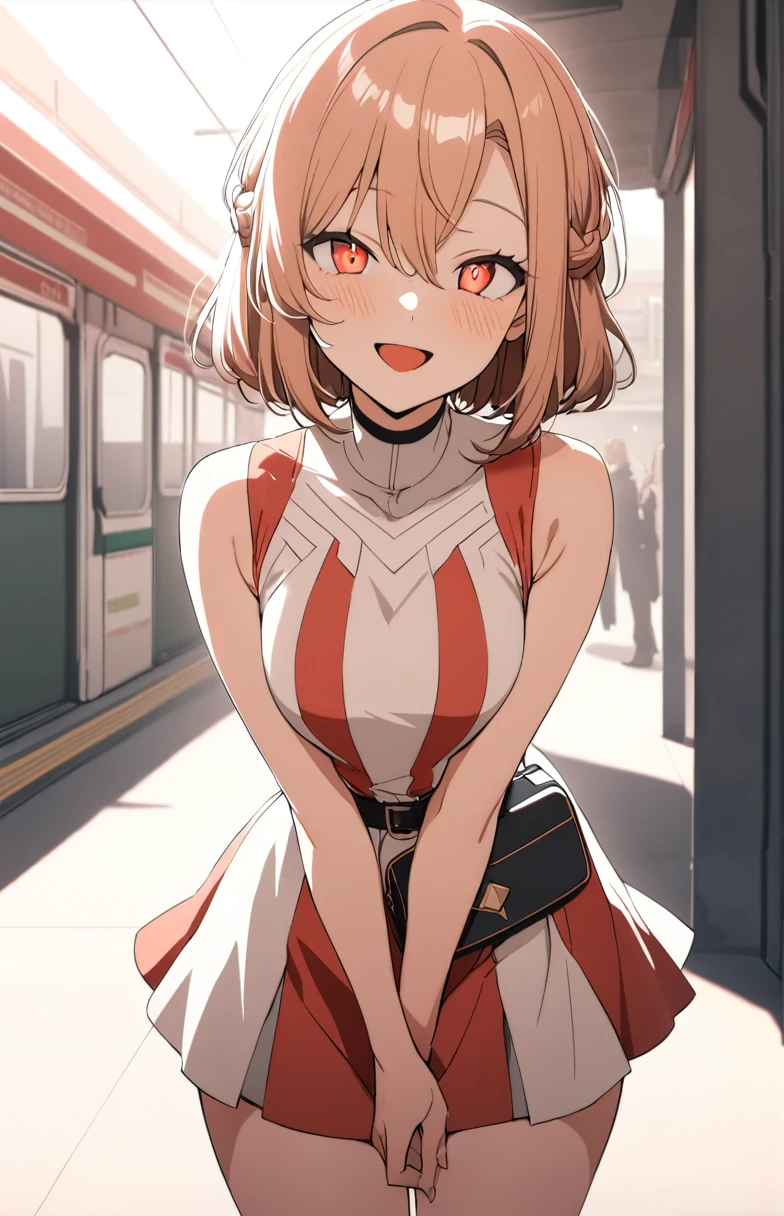 1girl, cheerful smile with open mouth, multicolored dress, white, red, pure fashion, v-arms, mini bag, station platform, masterpiece, best quality, very aesthetic, absurdres, high contrast kino_himari, (cowboy shot:1.5), break (masterpiece:1.2), highest quality, High resolution, unity 8k wallpaper, (shape:0.8), (fine and beautiful eyes:1.6), highly detailed face, perfect lighting, Very detailed CG, (perfect hands, perfect anatomy),dynamic pose, smile,perfect hands, beautiful fingers