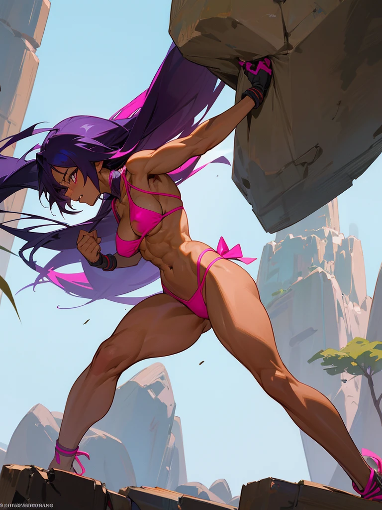 18 year old Yoruichi Shihöin from Bleach with tanned skin in a neon pink thong bikini flexing her muscles as she holds a boulder over her head to pridefully show off her chiseled muscles on a mountain ledge, highly detailed