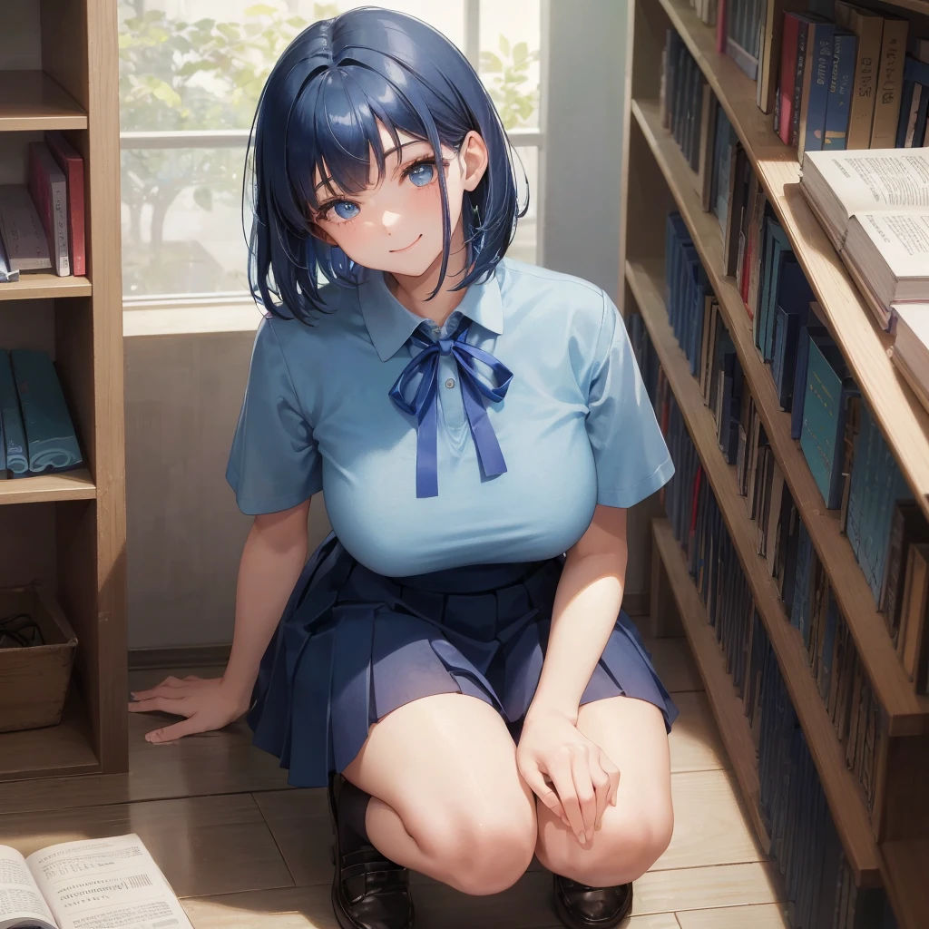 1. High school girl 17-year-old female Bobcut dark blue hair color High School Uniform Light blue Y-shirt Short sleeve Blue Ribbon dark blue hair color Slim figure Large Breasts Full body portrait 学校のlibrary Smiling Kindly Laugh a little library Hand Signs Squat Kneel Look up here