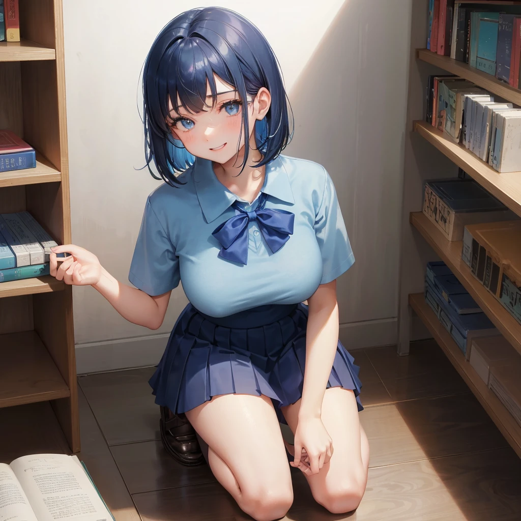 1. High school girl 17-year-old female Bobcut dark blue hair color High School Uniform Light blue Y-shirt Short sleeve Blue Ribbon dark blue hair color Slim figure Large Breasts Full body portrait 学校のlibrary Smiling Kindly Laugh a little library Hand Signs Squat Kneel Look up here