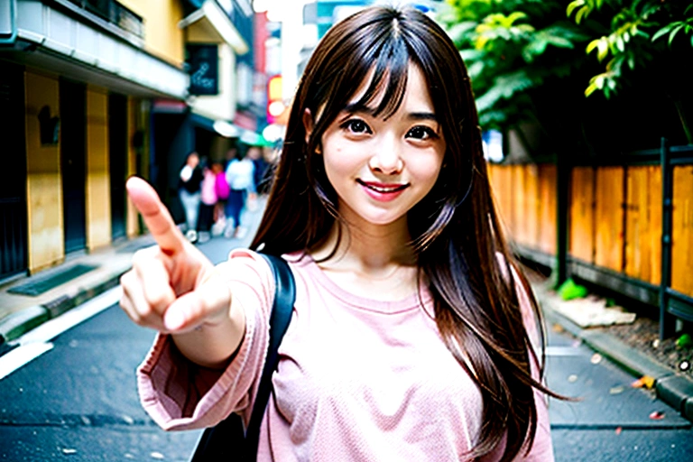 A woman in her twenties with long brown hair pointing at something, Photo of slim girl model, likeい日本人女性, Characteristics of Japan people, like々New charm, Attractive girl, Smiling