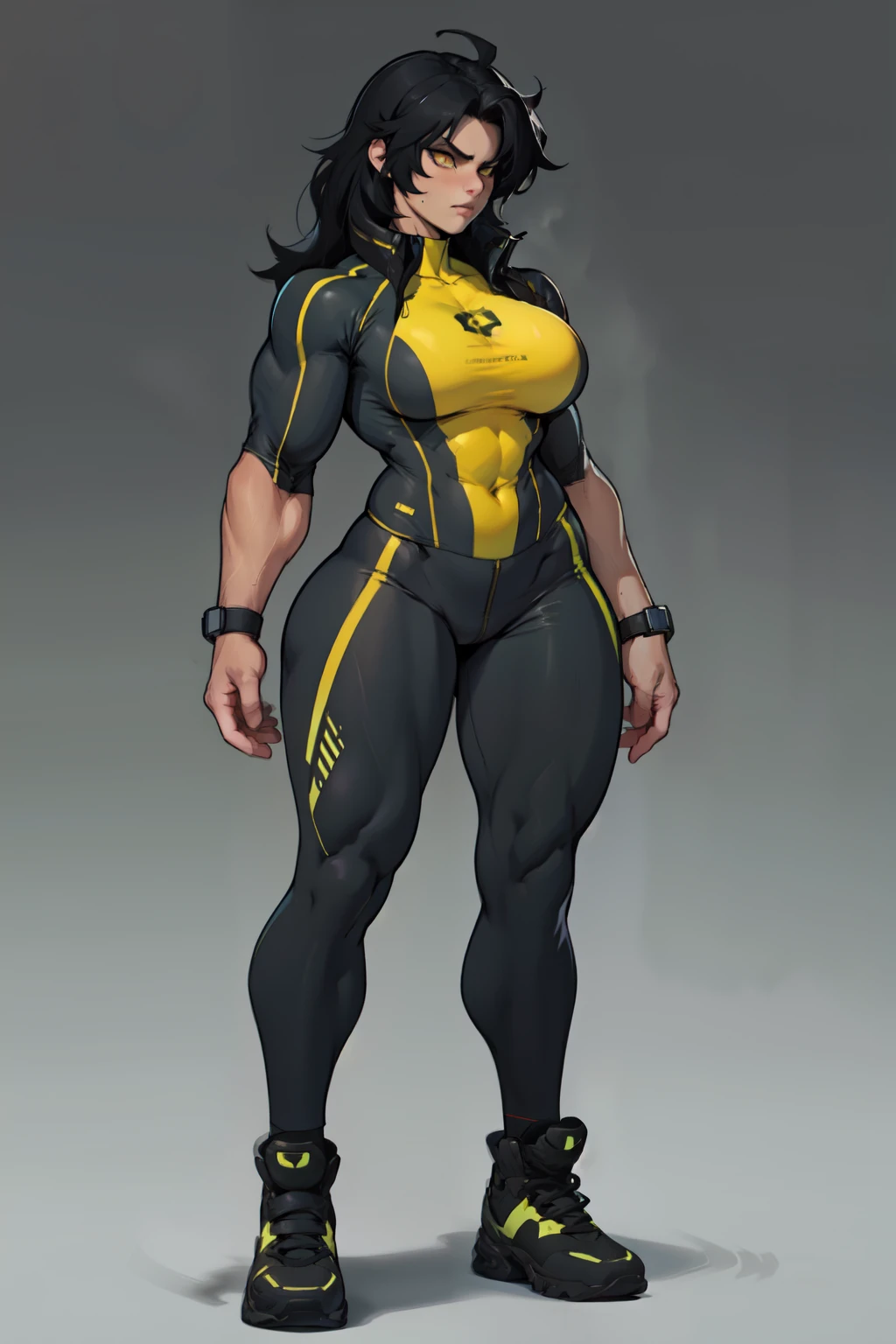solo standing skintight ((muscular girl perfect anatomy)) toned body massive breasts yellow eyes black hair pale skin