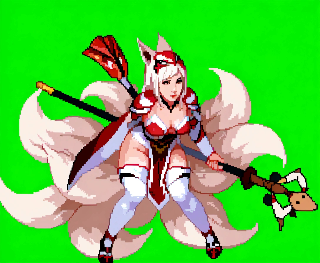 1girl, close-up, pixel art style, woman holding katana, fox, bushes, woman holding naginata, inspired armor, Kiro Kaze pixel art, woman holding torch, beautiful woman, ants, narrow, three-tailed fox, white-haired fox, (best quality,4k,8k,highres,masterpiece:1.2),ultra-detailed,(realistic,photorealistic,photo-realistic:1.37),studio lighting,ultra-fine painting,sharp focus,physically-based rendering,extreme detail description,professional,vivid colors,bokeh,fantasy,digital painting,nsfw