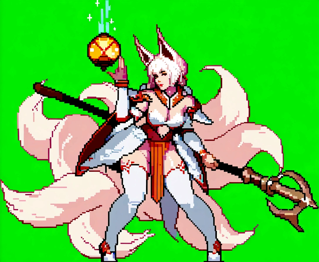1girl, close-up, pixel art style, woman holding katana, fox, bushes, woman holding naginata, inspired armor, Kiro Kaze pixel art, woman holding torch, beautiful woman, ants, narrow, three-tailed fox, white-haired fox, (best quality,4k,8k,highres,masterpiece:1.2),ultra-detailed,(realistic,photorealistic,photo-realistic:1.37),studio lighting,ultra-fine painting,sharp focus,physically-based rendering,extreme detail description,professional,vivid colors,bokeh,fantasy,digital painting,nsfw