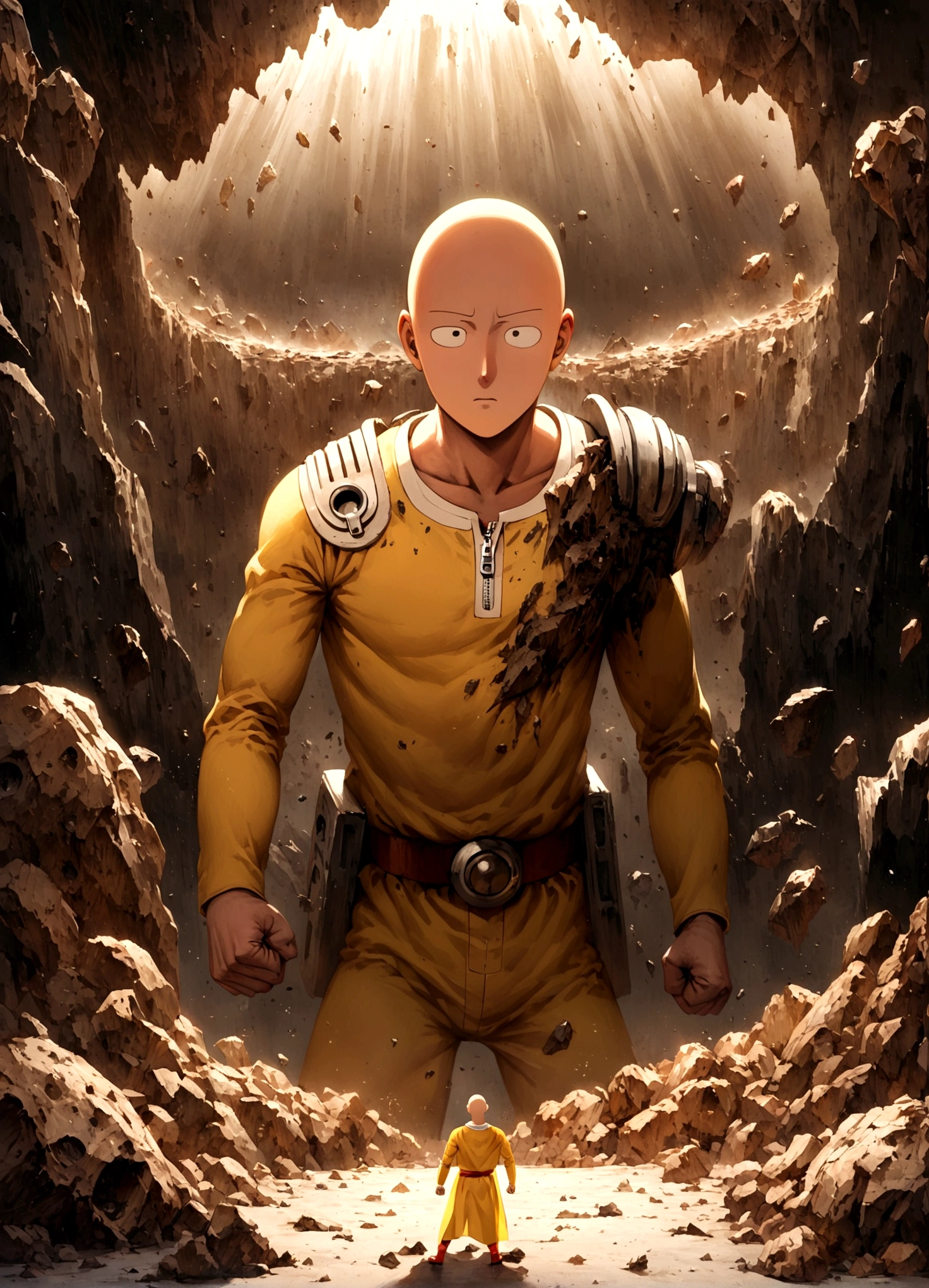 One Punch Man Saitama is looking confused, he has punched Transformer star Scream (who blew up), now Saitama is still in a punching stance in a crater surrounded by robot debris