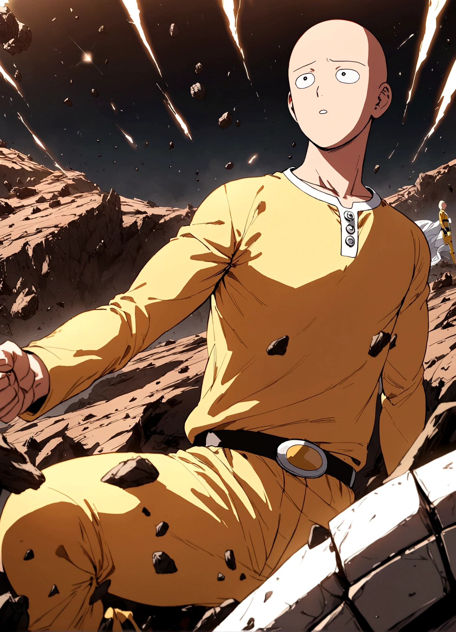 One Punch Man Saitama is looking confused, he has punched Transformer star Scream (who blew up), now Saitama is still in a punching stance in a crater surrounded by robot debris