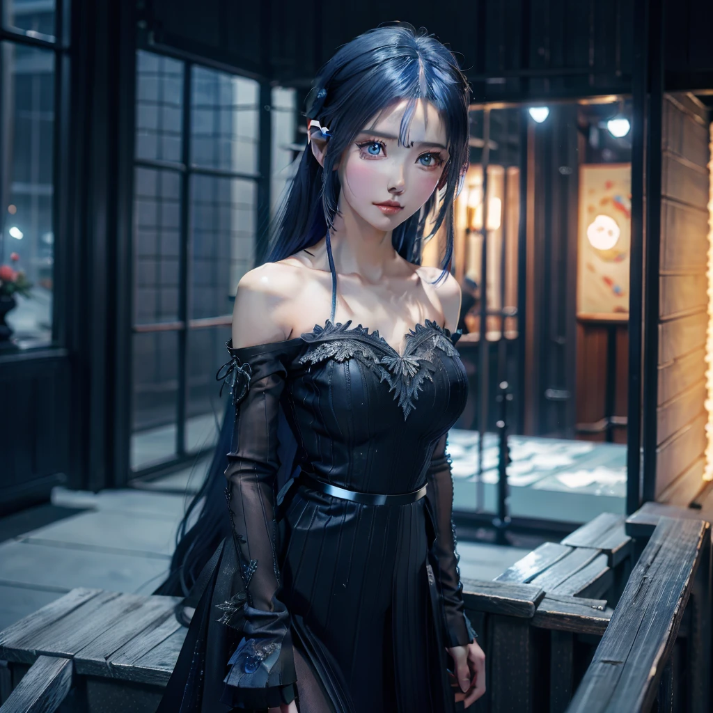Close-up of a blue-haired woman standing on a fence., Digital art by Kentaro Miura, which is becoming popular in the CGI society, fantasy art, beautiful anime womanมีเสน่ห์, Very beautiful top elf model., Beautiful girl with blue hair, Charming anime girl, beautiful goddess, anime goddess, beautiful anime woman, long flowing blue hair, beautiful young woman