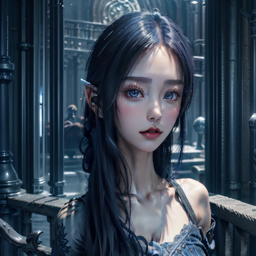 Close-up of a blue-haired woman standing on a fence., Digital art by Kentaro Miura, which is becoming popular in the CGI society, fantasy art, beautiful anime womanมีเสน่ห์, Very beautiful top elf model., Beautiful girl with blue hair, Charming anime girl, beautiful goddess, anime goddess, beautiful anime woman, long flowing blue hair, beautiful young woman