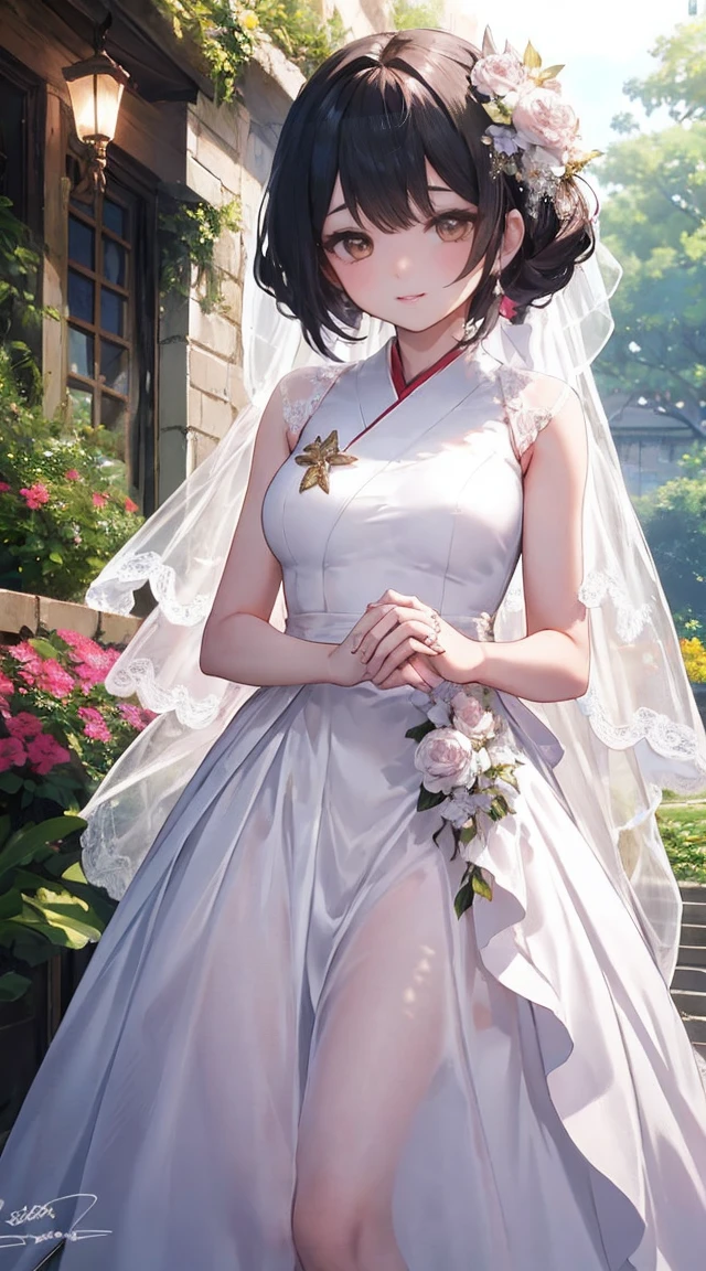 Sigwin | Genshin Impact, masterpiece, best quality, 1 Girl,25 years old, proportional body, proportional., wedding服, White Wedding Dress, Long skirt, wedding, ,only, Standing in the middle of the garden, outdoor, wedding, The sky is beautiful, In a paradise full of love and happiness.........................................................., The bride is wearing a Japanese dress,A charming smile.........................................................., The passage of time stops for them.........................................................., On this wedding day of love and happiness.........................................................., bright beautiful flowers, Holding in hands symbolizes the embrace of love.........................................................., Spreading love and friendship through flowers, In a paradise full of love and happiness.........................................................., Wear a yukata、Bride wearing masika.........................................................., It's a beauty and elegance.........................................................., Express your love to your spouse........................................................., In a paradise full of love and happiness.........................................................., Kochikugisa is the tree of new beginnings.........................................................., Their love and affection......................................................., and absorbed a lot of love.........................................................., Flowers represent love and peace.........................................................., In a paradise full of love and happiness.........................................................., View from the front., Thigh straps, Head tilt, boring, 10, 10, HD, Smile,