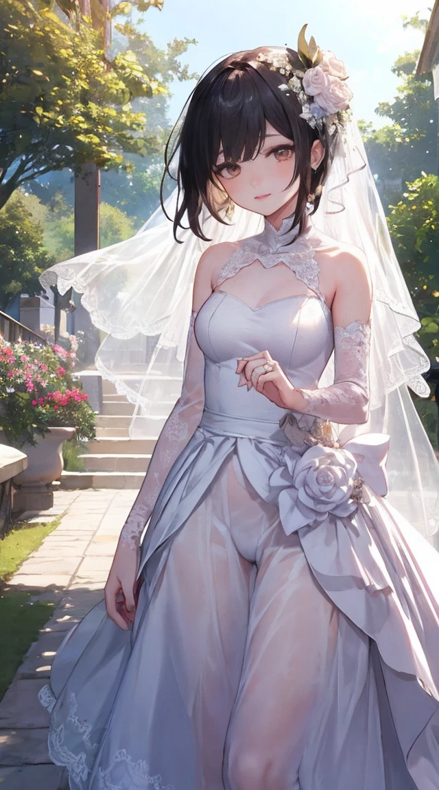 Sigwin | Genshin Impact, masterpiece, best quality, 1 Girl,25 years old, proportional body, proportional., wedding服, White Wedding Dress, Long skirt, wedding, ,only, Standing in the middle of the garden, outdoor, wedding, The sky is beautiful, In a paradise full of love and happiness.........................................................., The bride is wearing a Japanese dress,A charming smile.........................................................., The passage of time stops for them.........................................................., On this wedding day of love and happiness.........................................................., bright beautiful flowers, Holding in hands symbolizes the embrace of love.........................................................., Spreading love and friendship through flowers, In a paradise full of love and happiness.........................................................., Wear a yukata、Bride wearing masika.........................................................., It's a beauty and elegance.........................................................., Express your love to your spouse........................................................., In a paradise full of love and happiness.........................................................., Kochikugisa is the tree of new beginnings.........................................................., Their love and affection......................................................., and absorbed a lot of love.........................................................., Flowers represent love and peace.........................................................., In a paradise full of love and happiness.........................................................., View from the front., Thigh straps, Head tilt, boring, 10, 10, HD, Smile,