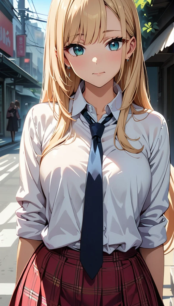 (highest quality:1.2, Anime artwork, Very detailed, High Detail, digital coloring, High Contrast, masterpiece:1.2, highest quality, Best aesthetics), (((kitagawa marin, 1 girl))), Black Hair, Straight long hair, Pink gradient hair, empty eyes, Earrings, White shirt, Black choker, Blue tie, Checked skirt, Pouting, slouch, Are standing, Cowboy Shot, bustling street,