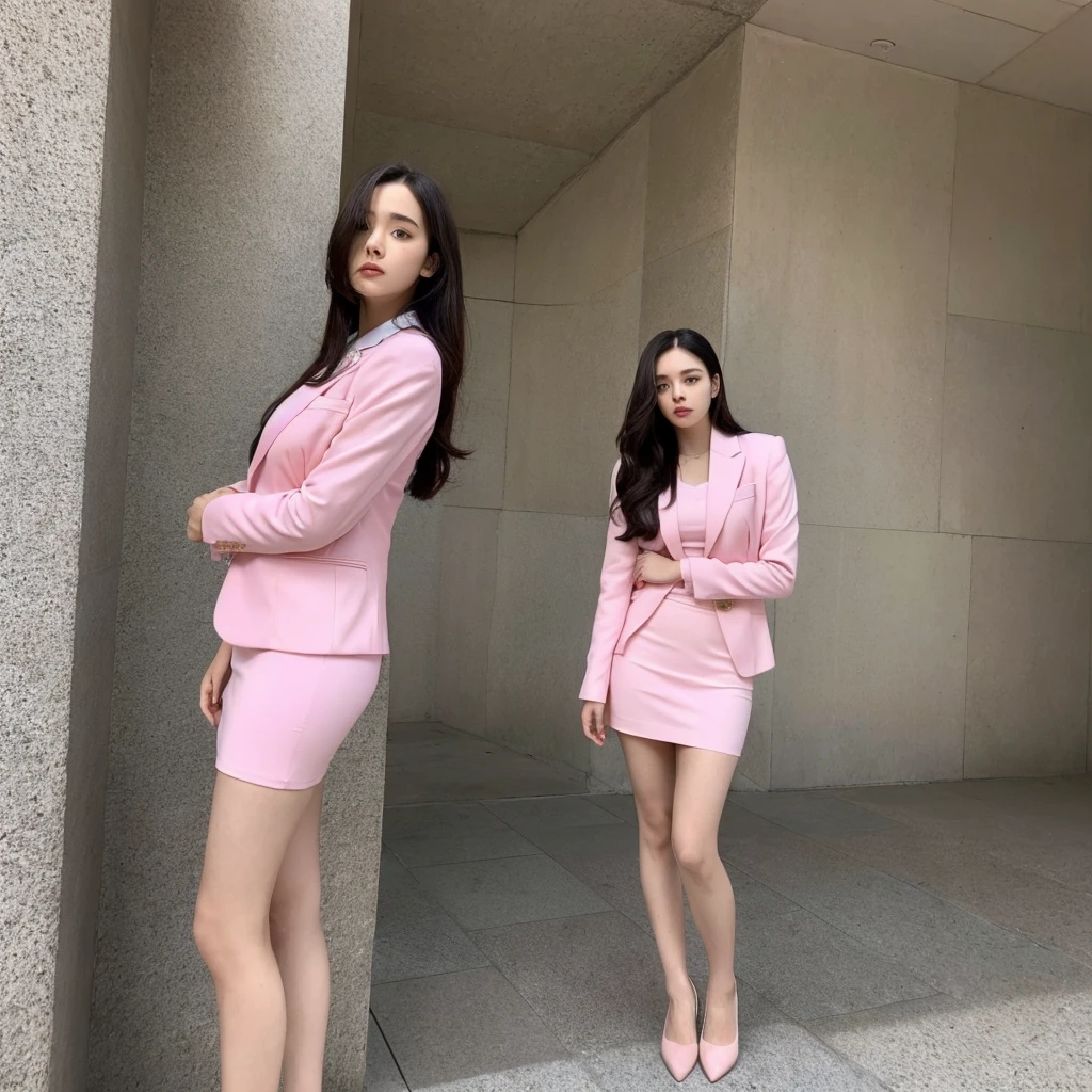 Front view,(1 woman),solo,Anne-Marie Alto ,long hair, wear a tight pink suit, tight skirt ,(short skirt),looking at camera,25 years old, (((Anne-Marie Alto))), in the Tokyo city