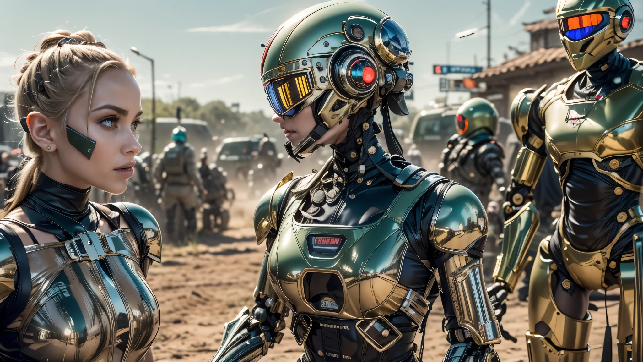 there are two robots that are standing next to each other, machines and futurist robots, death and robots, robot cyborgs, dieselpunk cyborgs, cyber steampunk 8 k 3 d, humanoid robots, still from alita, movie still of aztec cyborg, futuristic robots, from a 2 0 1 9 sci fi 8 k movie