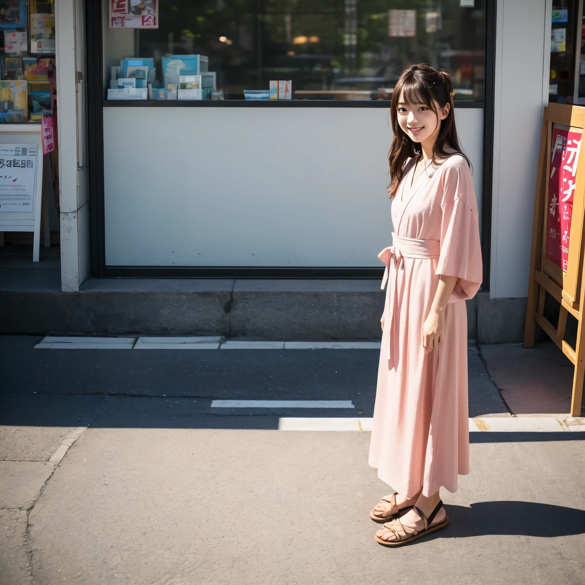 a full body Photo of a Japanese Girl on the Street in Summer. She is 29 years old as known as a member of Japanese Idol Nogizaka46 is smiling faintly. (Documentary photo Style, Digital Photo Medium, Natural Lighting, High Angle)