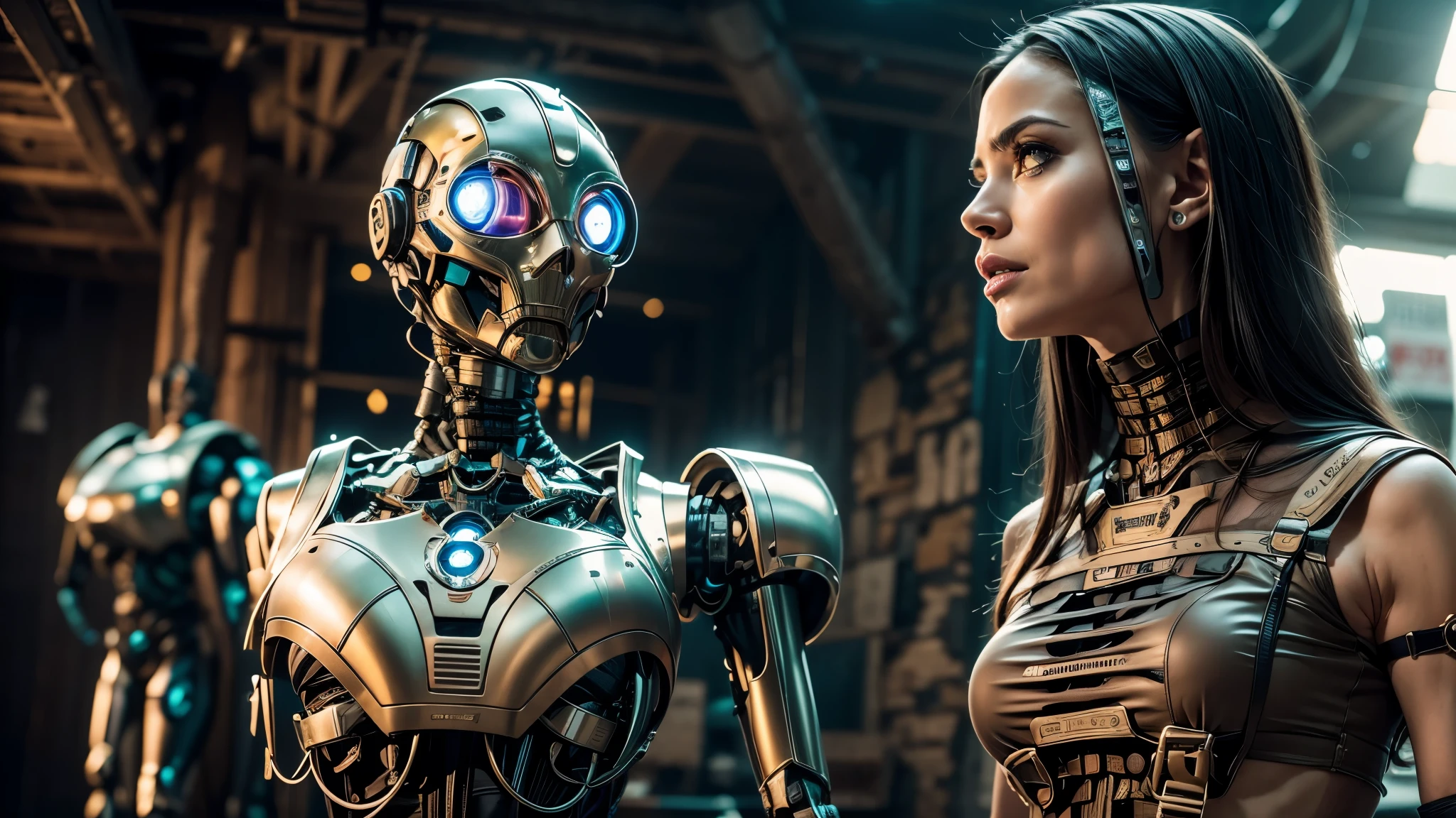 there are two robots that are standing next to each other, machines and futurist robots, death and robots, robot cyborgs, dieselpunk cyborgs, cyber steampunk 8 k 3 d, humanoid robots, still from alita, movie still of aztec cyborg, futuristic robots, from a 2 0 1 9 sci fi 8 k movie