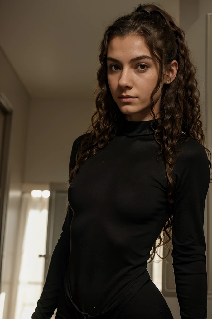 belgian girl, (very young, adolescent), (curly mullet, very small breasts, very skinny, nose ring), (spandex bodysuit), (close shot, face shot, intimate camera, cinematic)