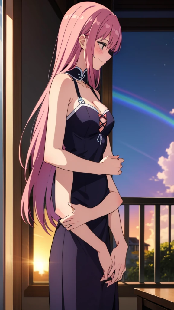 (1girl,20 years old),rainbow hair,long hair,medusa hair,black dress, sleeveless,bare shoulders,smile,blush,extra arms,four arms,cleavage,looking at view,sunlight,village,on the balcony of a mansion,profile