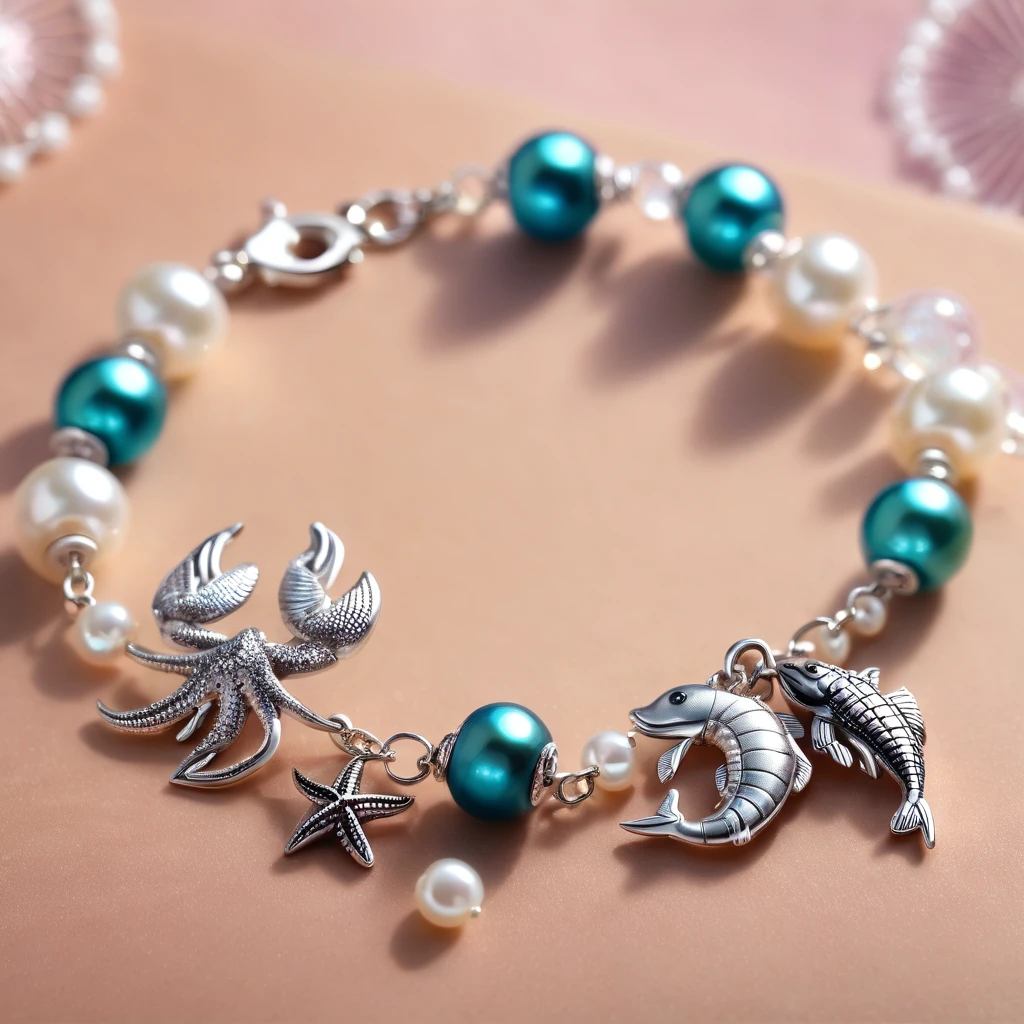 A shiny silver bracelet, on the wrist, (marine-themed charms:1.5), pearls, transparent colorful beads, delicate thin chain, (best quality, 4k, 8k, highres, masterpiece:1.2), ultra-detailed, (realistic, photorealistic, photo-realistic:1.37), intricate jewelry design, exquisite craftsmanship, shimmering metallic, ocean-inspired, iridescent pearls, vibrant hues, delicate filigree, elegant accessory, feminine aesthetics, close-up, detailed texture, soft focus, warm lighting