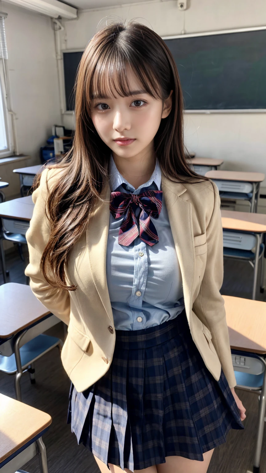 (8K, RAW Photos, Highest quality, masterpiece:1.2), masterpiece, super detailed, super high quality, (Realistic and photorealistic photography:1. 37), High-resolution RAW color photos, Very delicate and beautiful, highly detailed, 8k wallpaper, wonderful, detailed, Very eye, very detailed, very detailed skin, very thin fingers, very detailed nose, very detailed mouth, Perfect Anatomy, BREAK,18 year old girl, short bob hair, huge breasts, (colossal tits:1.1), very huge round breasts, (perfect body shape:1.1), Big Natural Color Lip, cute type, ta, (Details High quality, realistic depiction of eyes:1.3), Beautiful makeup, glitter makeup, BREAK, High school girl uniform, blazer, Super Short Check Uniform Skirt, Navy blue high socks, Disturbed uniform, BREAK, (High School Classroom:1.2), bold sexy pose, hposing Gravure Idol, full body photo