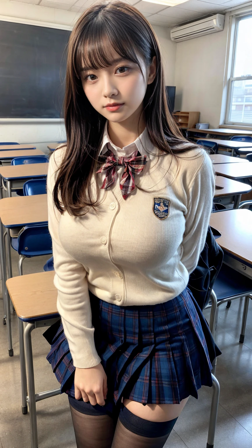 (8K, RAW Photos, Highest quality, masterpiece:1.2), masterpiece, super detailed, super high quality, (Realistic and photorealistic photography:1. 37), High-resolution RAW color photos, Very delicate and beautiful, highly detailed, 8k wallpaper, wonderful, detailed, Very eye, very detailed, very detailed skin, very thin fingers, very detailed nose, very detailed mouth, Perfect Anatomy, BREAK,18 year old girl, short bob hair, huge breasts, (colossal tits:1.1), very huge round breasts, (perfect body shape:1.1), Big Natural Color Lip, cute type, lolita, (Details High quality, realistic depiction of eyes:1.3), Beautiful makeup, glitter makeup, BREAK, High school girl uniform, blazer, Super Short Check Uniform Skirt, Navy blue high socks, Disturbed uniform, BREAK, (High School Classroom:1.2), bold sexy pose, hposing Gravure Idol, full body photo