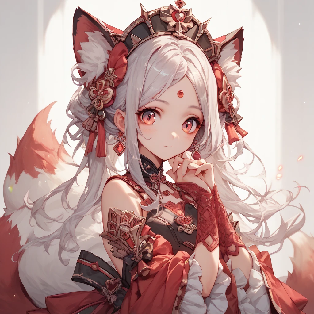 score_9, score_8_up, score_7_up, score_6_up, score_5_up, score_4_up, Cute kitsune girl with crimson eyes and long silver hair wearing tailored outfit
