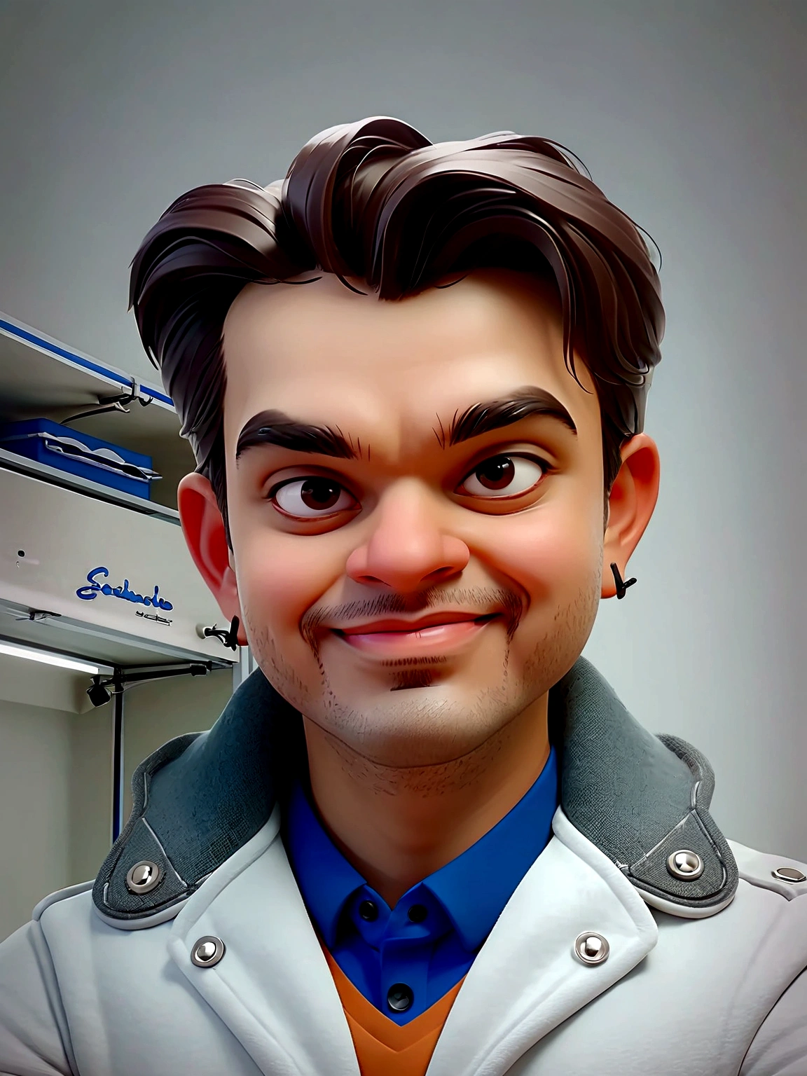 Illustration of smiling man, seducing smile, Light-skinned man with an engaging smile, smiling elegantly at the camera, cheeky smile, he is smiling, seducing smileamente, smiling male, headshot profile picture, laughing huge smile, drawing in 3D Art style, C4D, pure white color background, Disney style, pixar style render illustration Super Detail, 8K