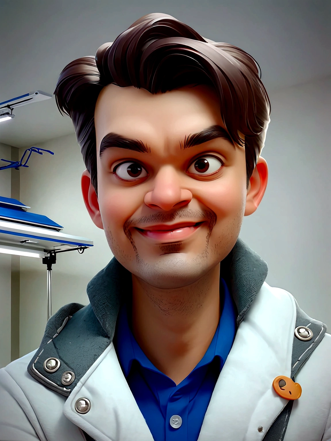 Illustration of smiling man, seducing smile, Light-skinned man with an engaging smile, smiling elegantly at the camera, cheeky smile, he is smiling, seducing smileamente, smiling male, headshot profile picture, laughing huge smile, drawing in 3D Art style, C4D, pure white color background, Disney style, pixar style render illustration Super Detail, 8K