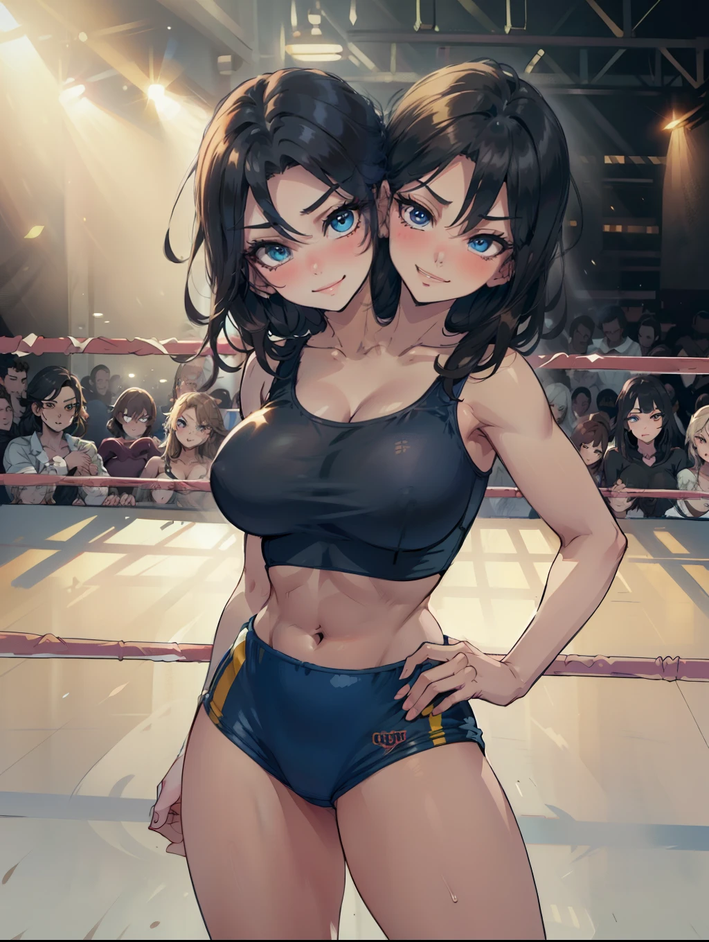 masterpiece),(ultra-detailed), (high quality), (high resolution), (best quality:1.5, highres, UHD), highres, absurdo, ultra detail, ultra quality, Ultra resolution, 16k, ((2heads:1.5)), 1girl, ((anime girl with two heads)), ((dark brown hair)) ((black hair)), ((female wrestler)), ((blue crop top)), exposed midriff, ((blue hot pants)), wrestling ring, wrestling, ((blue outfit)), sexy wrestler, (blue eyes), villainess, smirk, ((milf)), ((mature woman))