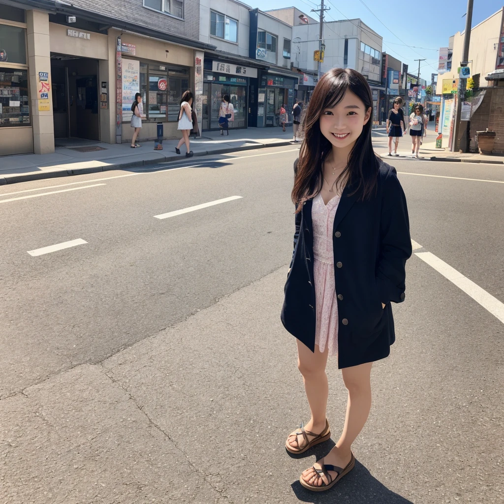 a full body Photo of a Japanese Girl on the Street in Summer. She is 29 years old as known as a member of Japanese Idol Nogizaka46 is smiling faintly. (Documentary photo Style, Digital Photo Medium, Natural Lighting, High Angle)