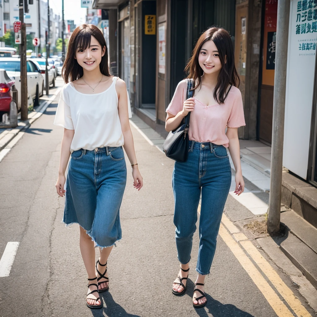 a full body Photo of a Japanese Girl on the Street in Summer. She is 29 years old as known as a member of Japanese Idol Nogizaka46 is smiling faintly. (Documentary photo Style, Digital Photo Medium, Natural Lighting, High Angle)