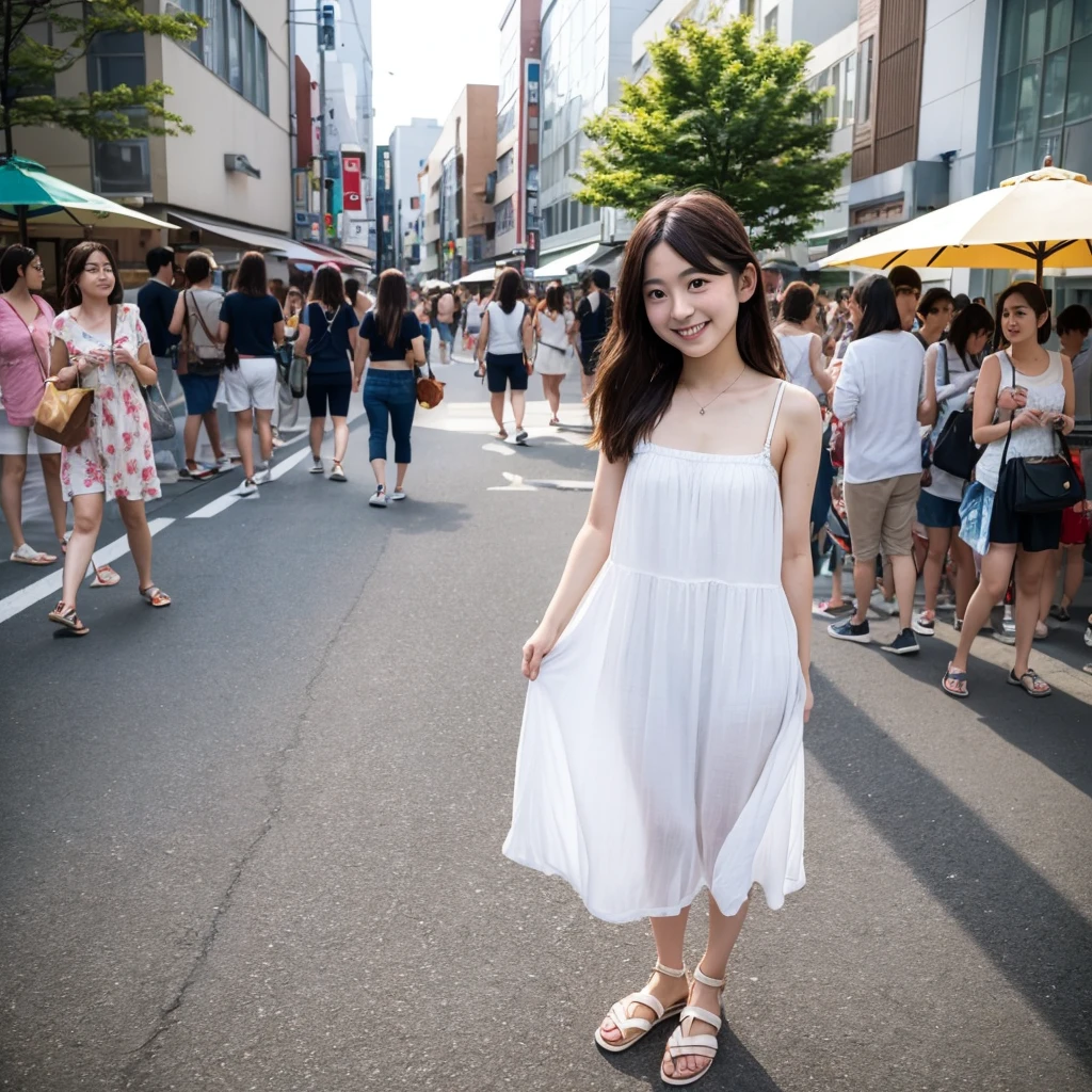 a full body Photo of a Japanese Girl on the Street in Summer. She is 29 years old as known as a member of Japanese Idol Nogizaka46 is smiling faintly. (Documentary photo Style, Digital Photo Medium, Natural Lighting, High Angle)