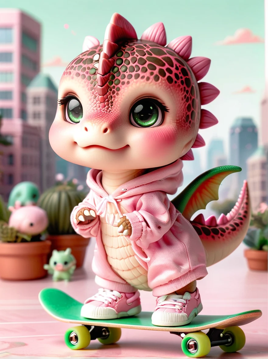 WRAL-Smoldino, 1A girl dressed in a pink dinosaur costume, Pink sneakers, strike a playful pose, Standing on a skateboard, Green Eyes, Cute ears, Pouting cute little mouth, A faint blush, proudly, Cartoon Style, full-body shot, Pure white background, Created with C4D and Blender, Blind box toy styles, Super Detail, Anatomically correct, masterpiece, precise, City skyline background