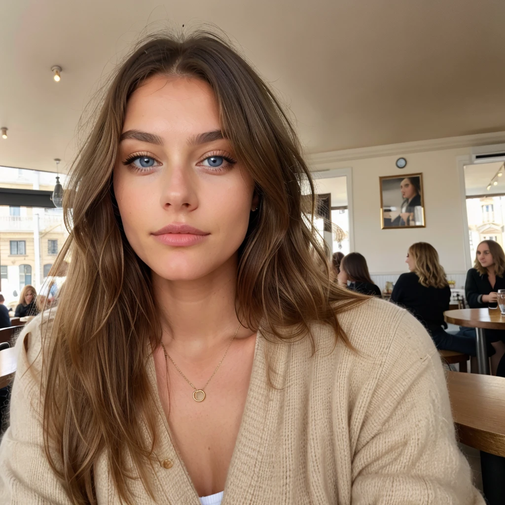 Belle brune aux reflets blonds portant un pull beige (in a cafe drinking soda), very detailed, 22 ans, Visage innocent, natural wavy hair, blue eye, high resolution, head of'artwork, best quality, intricate details, very detailed, mise au point nette, detailed skin, texture de peau réaliste, texture, detailed eyes, professionnel, 4K, charming smile, filmed on Canon, 85 millimeters, shallow depth of field, Kodak Vision Color, corps parfaitement ajusté, extremely detailed, Photograph_\(ultra\), photorealistic, realistic, Post-traitement, Maximum details, roughness, real life, ultra realistic, photorealism, photographie, 8k uh, photographie