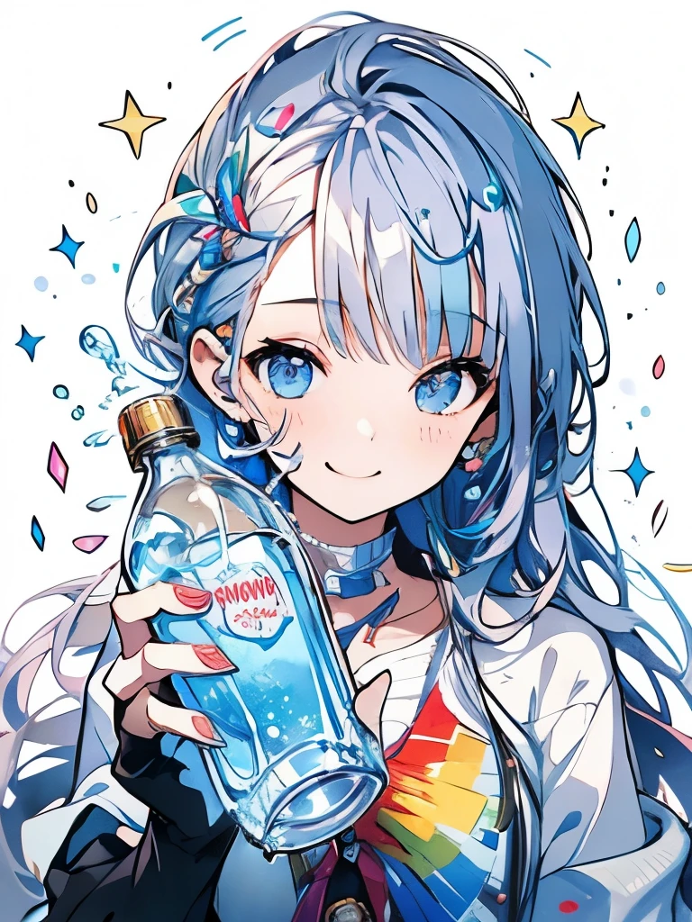 masterpiece、girl、Rainbow Hair、Sparkling eyes、smile、Shining Background、Holding a plastic bottle