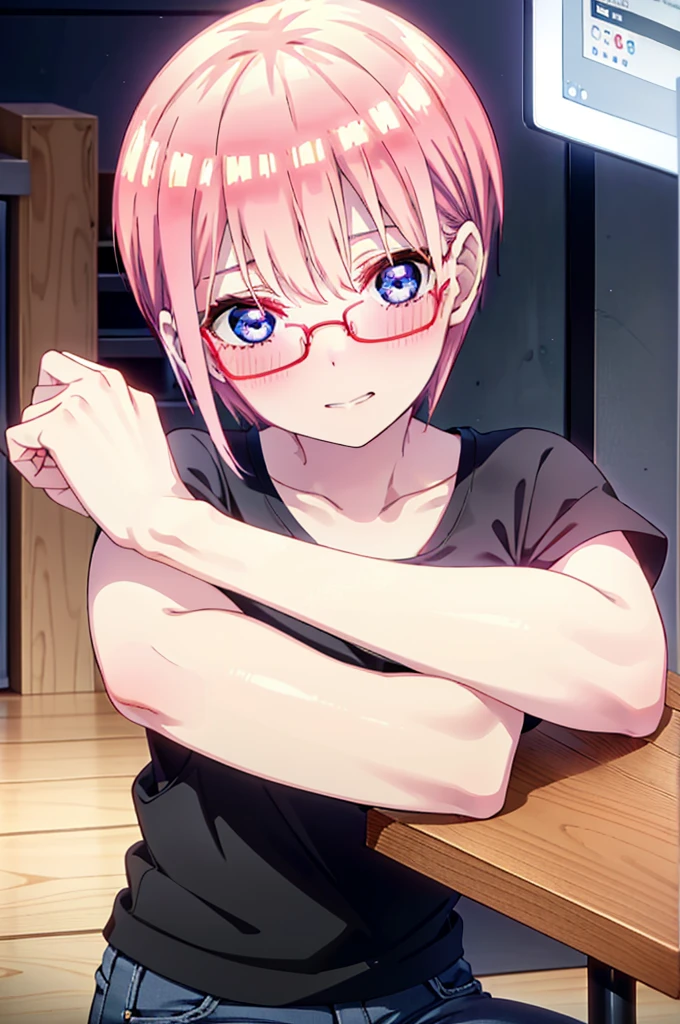 ichikanakano, Nakano Ichika, short hair, bangs, blue eyes, Hair between the eyes, Pink Hair, Grin,smile,Glasses,black tank top shirt,Skinny jeans,Stiletto heels,interior,There is a computer on the table,whole bodyがイラストに入るように,Walking,Daytime,Clear skies,
break indoors, office,
break looking at viewer,whole body,
break (masterpiece:1.2), Highest quality, High resolution, unity 8k wallpaper, (figure:0.8), (Beautiful attention to detail:1.6), Highly detailed face, Perfect lighting, Highly detailed CG, (Perfect hands, Perfect Anatomy),