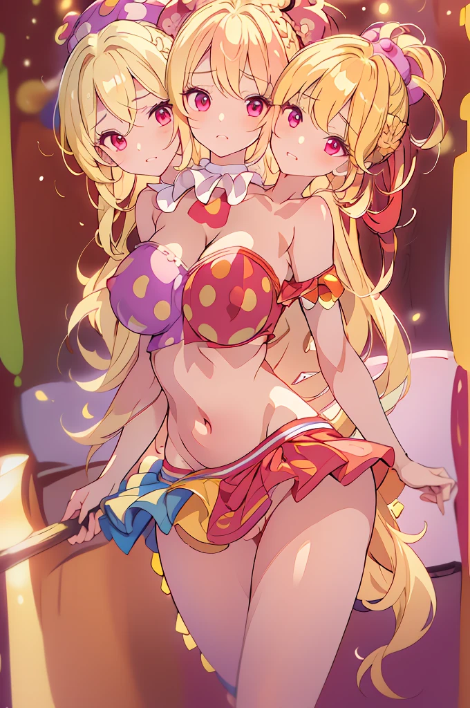 (masterpiece, best quality), best quality, (ultra-detailed), (3heads:1.5), 1girl, (ultra-detailed), (3heads:1.5), 1girl, (clownpiece:1.3), masterpiece, best quality, ultra quality, ultra resolution, ultra detail, red and blue top, crop top, ((stomach)), midriff, ((groin)), red and blue skirt, normal ears, shackles, blonde hair, very long hair, wavy hair, sidelocks, pink eyes, parted lips, blonde, sweat, cute, toned belly, hand on own chest, eyelashes, (24 year old woman:1.3), (masterpiece:1.5), (best quality:1.5), (beautiful detailed), extremely detailed CG, extremely delicate and beautiful, depth of field, (finely detailed face), (perfect details:1.2), (mature female:1.3), wide pelvis, slender, large veiny breast, 16k resolution, highres, very high quality, very high definition, extremely detailed, masterpiece, blonde hair, long hair, alluring presence, braid, short skirt, close up, very big tits, huge tits, young, purple, polka-dotted jester's hat, fairy wings, torch, nsfw, open belly,