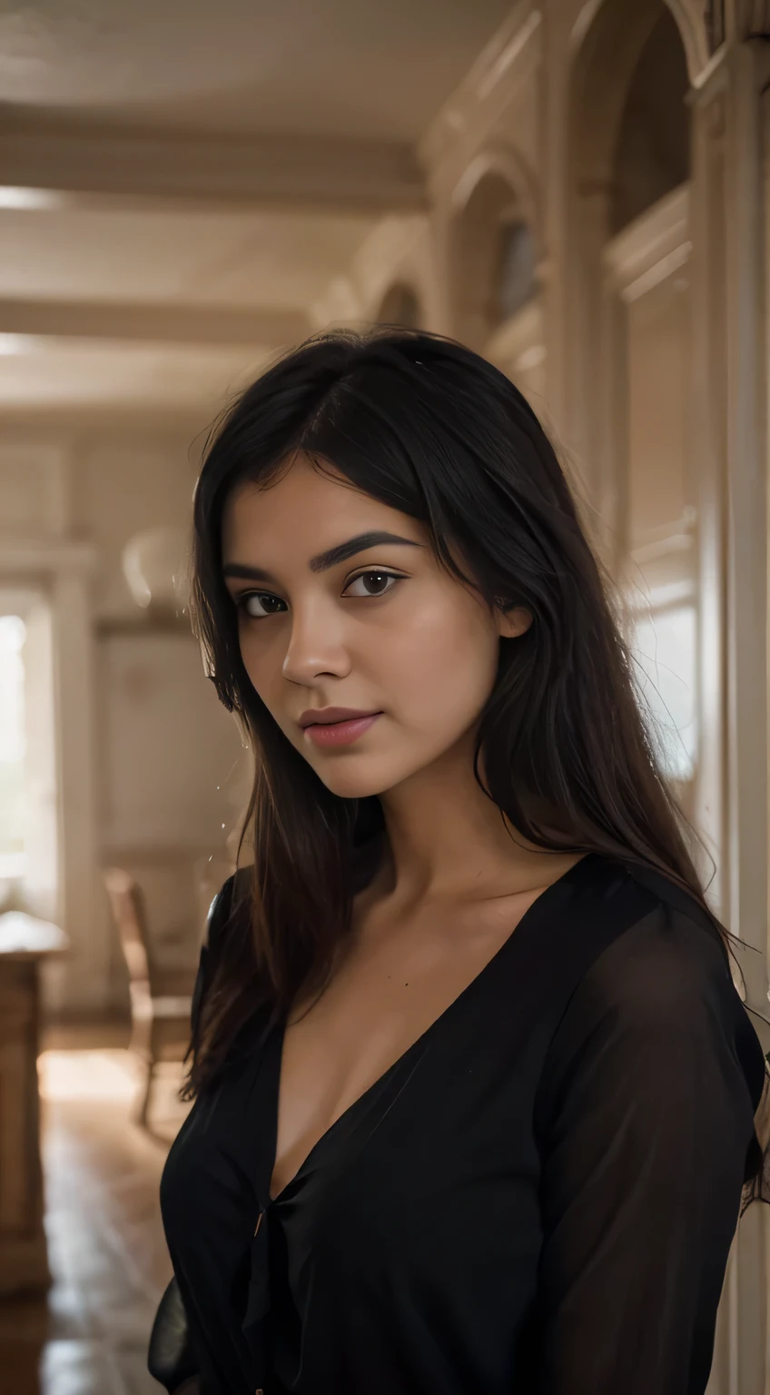 Princesse Pocahontas . Brune Amérindienne. Un fond marin, ambiance sombre. . Style realiste. Image détaillée.Create an image of a 22-year-old woman with fair skin, straight black hair, brown eyes, and a friendly expression. She is wearing a black blouse.