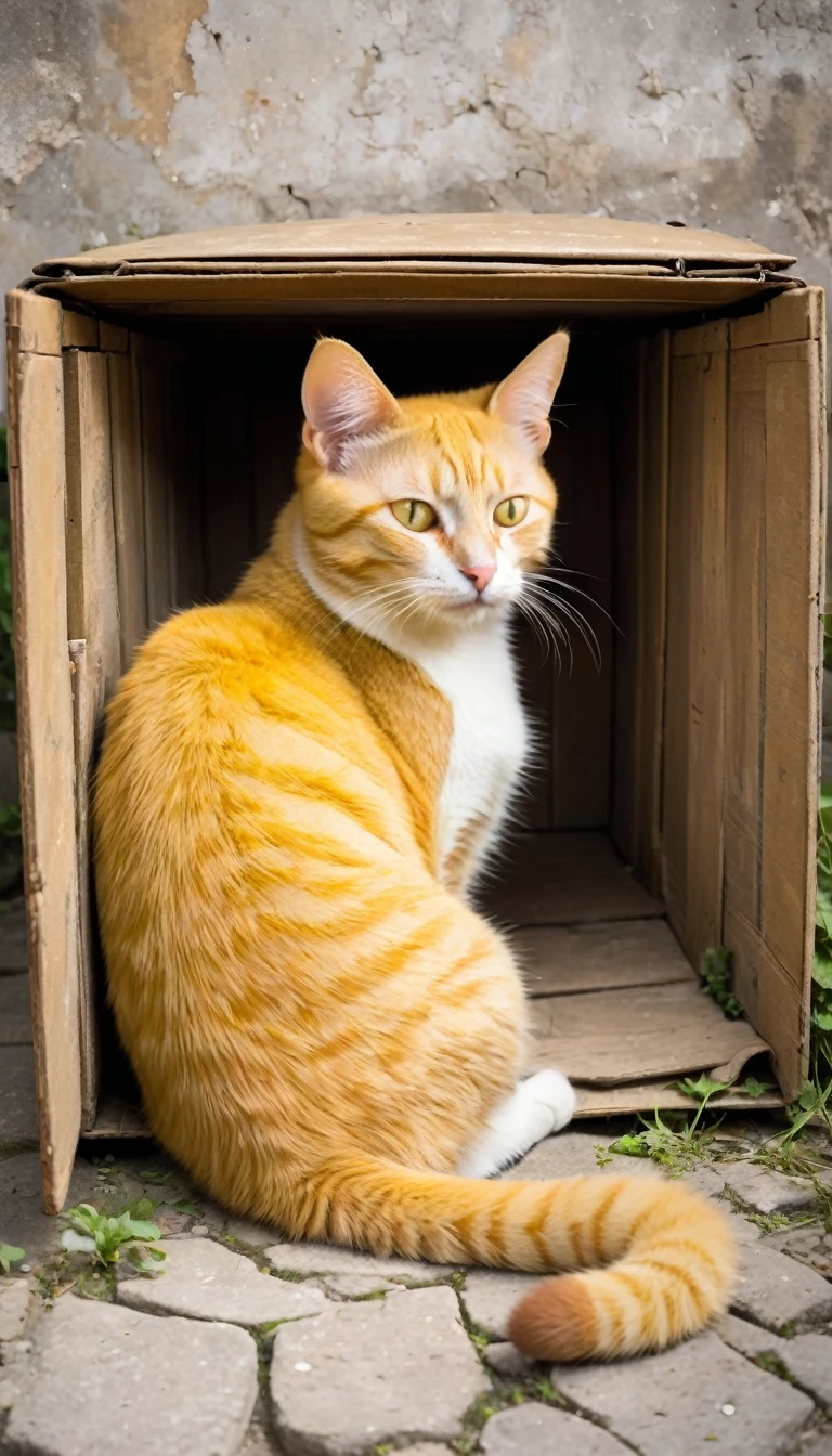 A yellow cat lying curled up inside a small old and faded box..