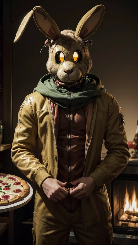 Springtrap, a mechanical rabbit suit with the suit half broken with little blood, holding a bloody knife and a human body trapped inside it. Scenario a pizzeria
