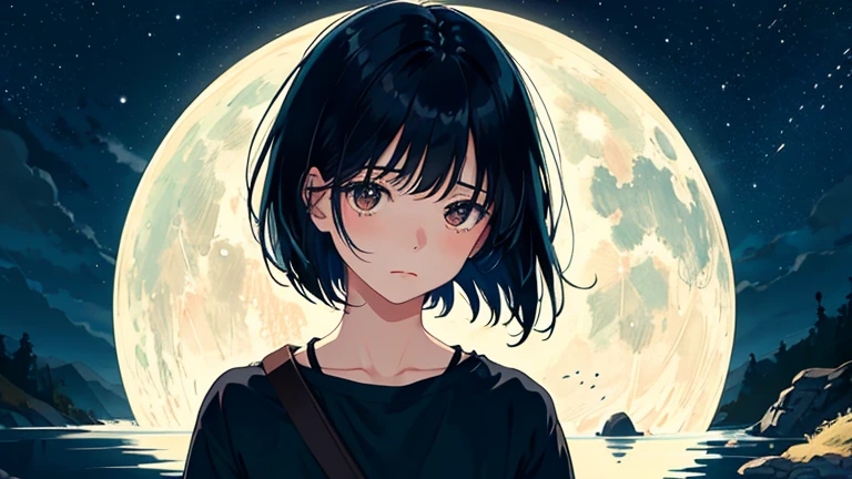 Create an illustration of a girl with short black hair, The girl looks about 18 years old.. The theme to be emphasized is loneliness, silence, Depth of night, And sentimentality. The girl has a calm expression. The background is dark、Add subtle elements that allude to the night, Faint stars and moons. The overall style should be soft and sentimental., Reflecting a sense of silence and solitude.