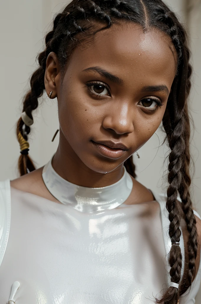 tanzanian girl, (very young, adolescent), (dreadlocks, very small breasts, very skinny, nose ring), (white latex bodysuit), (close shot, face shot, intimate camera, cinematic)
