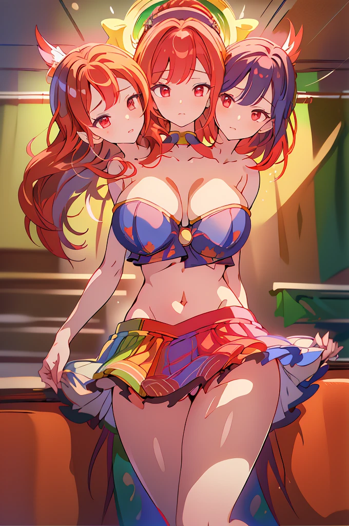 (masterpiece, best quality), best quality, (ultra-detailed), (3heads:1.5), 1girl, (hecatia lapislazuli:1.3), masterpiece, (high quality), (high resolution), (best quality:1.5, highres, UHD), highres, absurdo, ultra detail, ultra quality black top, crop top, ((stomach)), midriff, ((groin)), plaid skirt, miniskirt, multicolored skirt, normal ears, shackles, red hair, very long hair, wavy hair, sidelocks, red eyes, parted lips, open belly, sweat, cute, toned belly, hand on own chest, eyelashes, (24 year old woman:1.3), (masterpiece:1.5), (best quality:1.5), (beautiful detailed), extremely detailed CG, extremely delicate and beautiful, depth of field, (finely detailed face), (perfect details:1.2), (mature female:1.3), wide pelvis, slender, large veiny breast, 16k resolution, high quality, high definition, extremely detailed, masterpiece, best quality, red hair, long hair, alluring presence, twin braid, short skirt, close up, very big tits, huge tits, young, striped, earth (ornament), moon (ornament),