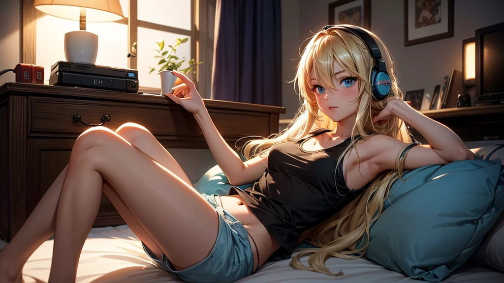 Create a high-quality, detailed image of a beautiful anime lofi girl with long blonde hair, bright blue eyes, sitting at her gaming PC in her cozy gaming room. She is wearing a see-through tank top, subtly revealing her nipples, and her midriff. She also has on sleep shorts. The warm, inviting scene includes soft ambient lighting and comfortable seating. The room is illuminated by a small lamp, creating a serene and intimate atmosphere with a touch of sensuality