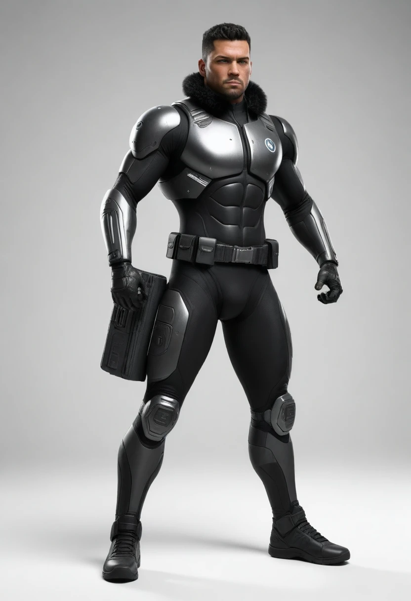 Standing fur, whole body frontally, simple_Background, white_Background, Reggie Style, metallic, black sand, laser sight, owtech, Science fiction, stylized, died, flat monochrome pattern, Light and shadow are realistic, Cyberpunk, futuristic, digital art, Best quality, Graphic animation, SFV, starsector, Science fiction style, High-tech product, Science fiction, fantasy, very detailed detail, digital painting, trends on ArtStation, conceptual art, sharp focus, illustration,