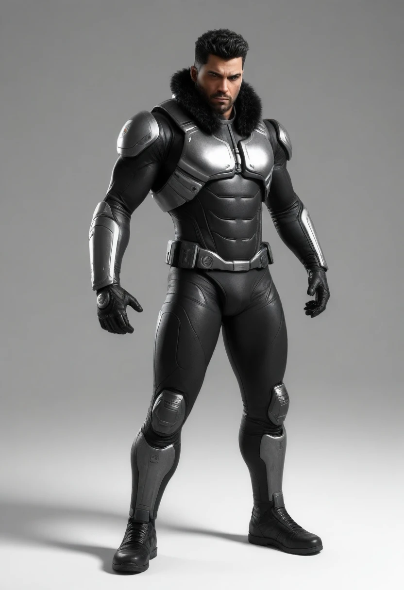 Standing fur, whole body frontally, simple_Background, white_Background, Reggie Style, metallic, black sand, laser sight, owtech, Science fiction, stylized, died, flat monochrome pattern, Light and shadow are realistic, Cyberpunk, futuristic, digital art, Best quality, Graphic animation, SFV, starsector, Science fiction style, High-tech product, Science fiction, fantasy, very detailed detail, digital painting, trends on ArtStation, conceptual art, sharp focus, illustration,