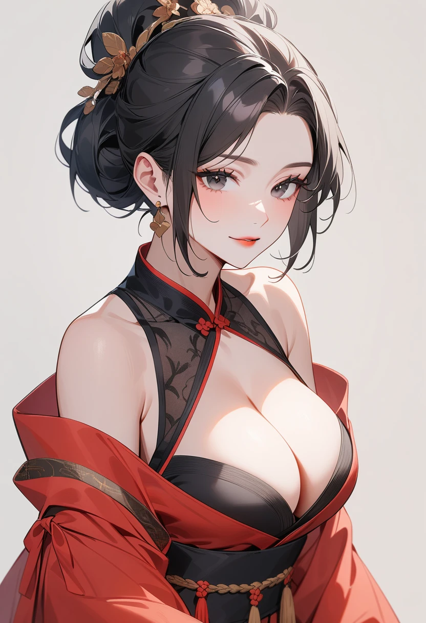 Mature women，Black long hair，Hair up，Red Hanfu，Showing cleavage，Show your shoulders，Beautiful black eyes，Extremely detailed，high resolution，Simple background