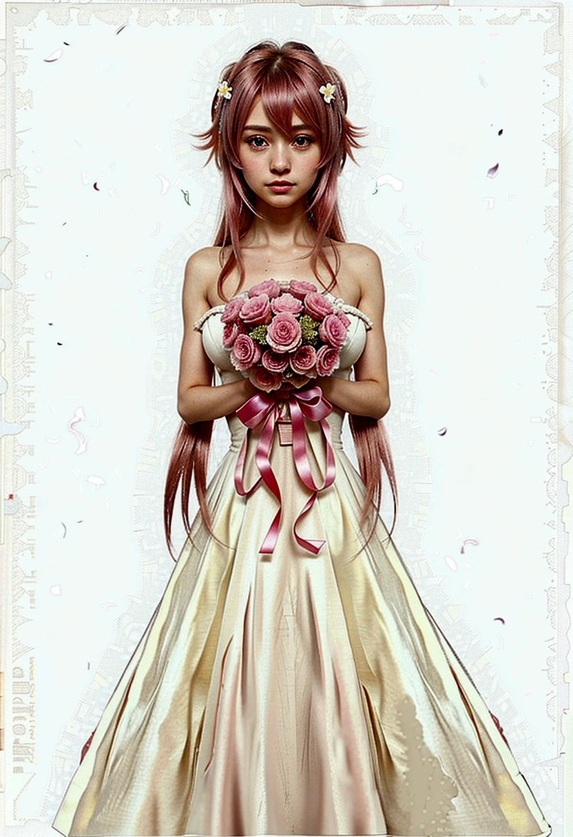 anime girl in a wedding dress with a bouquet of flowers, ethereal flowerpunk, made with anime painter studio, !!full body portrait!!, madoka kaname, cute anime waifu in a nice dress, loli in dress, anime princess, anime goddess, inspired by Yuki Ogura, rei hino as a princess, anime yuno gasai in white, beautiful anime style, anime styled