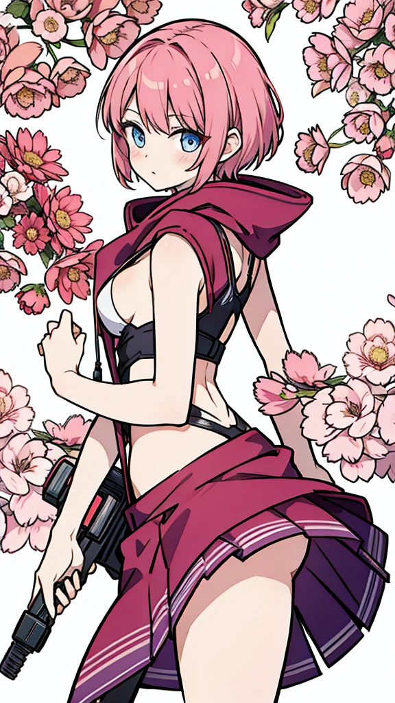 Anime woman with short pink hair taking pictures with cellphone, blushing