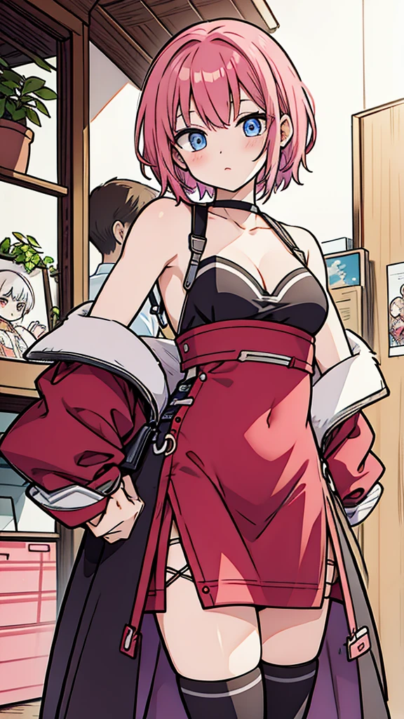 Anime woman with short pink hair taking pictures with cellphone, blushing